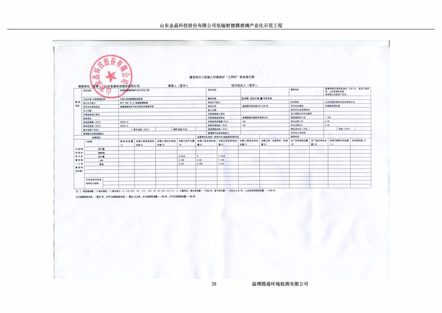 山东333体育科技股份有限公司低辐射镀膜玻璃环保验收报告